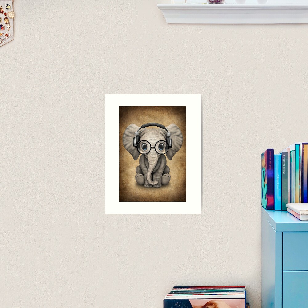 Cute Baby Elephant Dj Wearing Headphones and Glasses Art Print