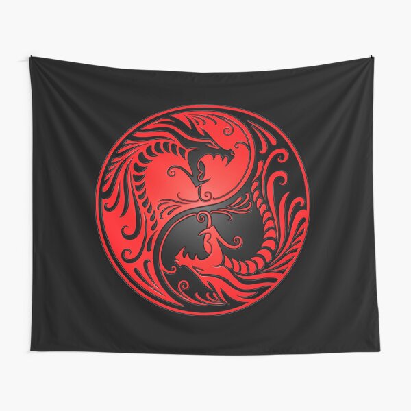Yin Yang Dragons Red and Black Tapestry