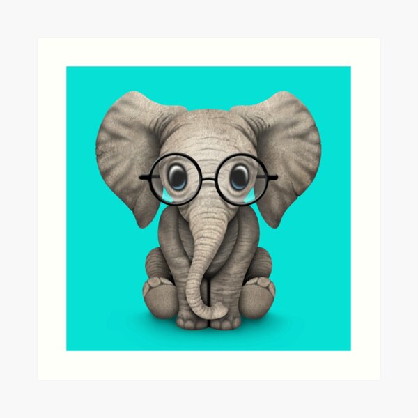 Cute Baby Elephant Calf with Reading Glasses on Blue Art Print