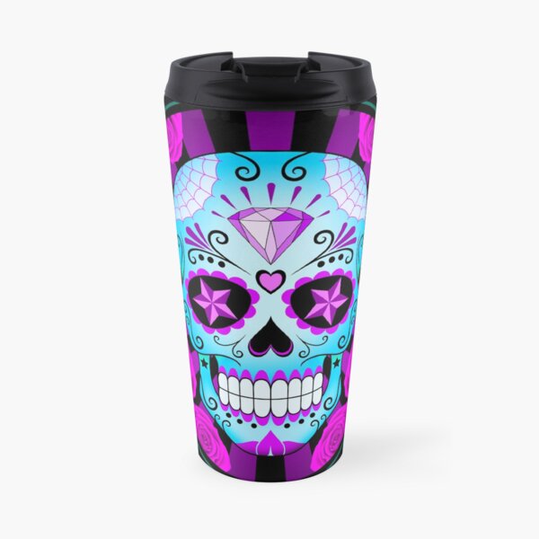 Blue and Purple Sugar Skull with Roses Travel Mug