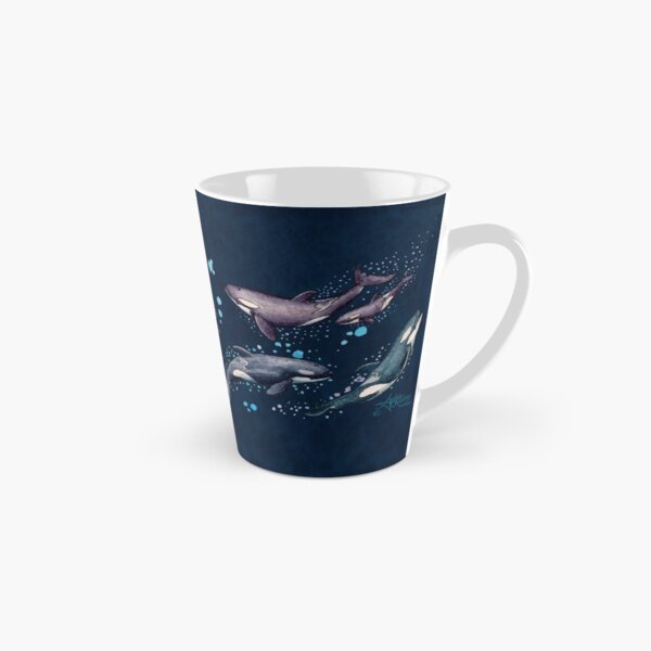 "Orca Pod in Watercolor" by Amber Marine, (Navy Blue Version) Killer Whale Art, © 2019 Tall Mug