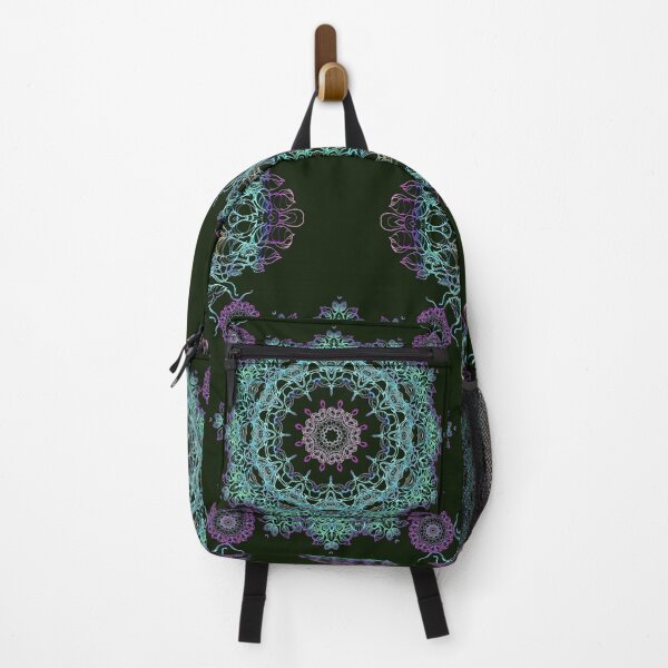 Item preview, Abstract fantastic plant kaleidoscope mandala on dark green background designed and sold by MandalaFlowerArt.