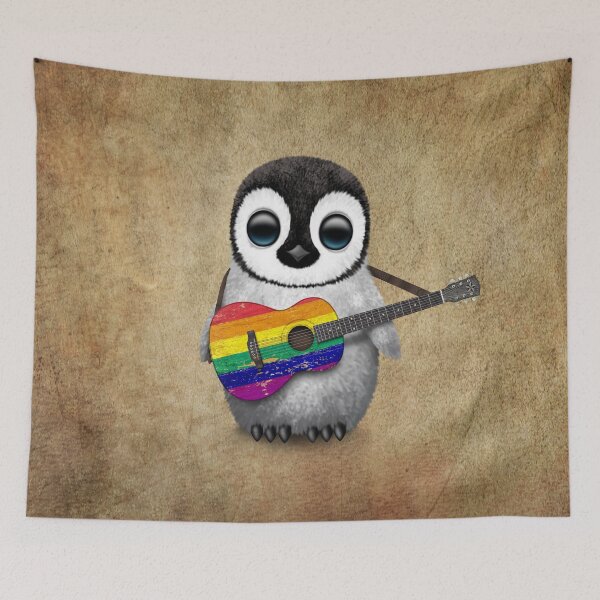 Item preview, Baby Penguin Playing Gay Pride Rainbow Flag Guitar designed and sold by JeffBartels.