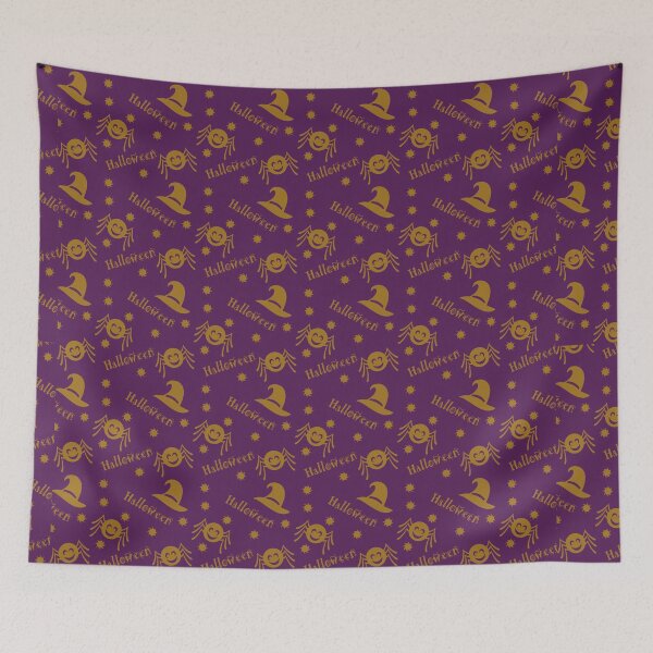 Item preview, Halloween repeating pattern with spider and witch's hat in purple and yellow designed and sold by DoodleBugDigits.