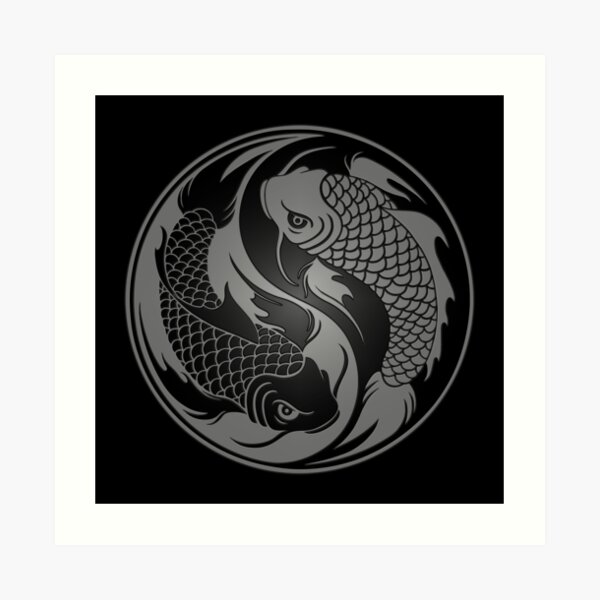 Gray and Black Yin Yang Koi Fish Art Print