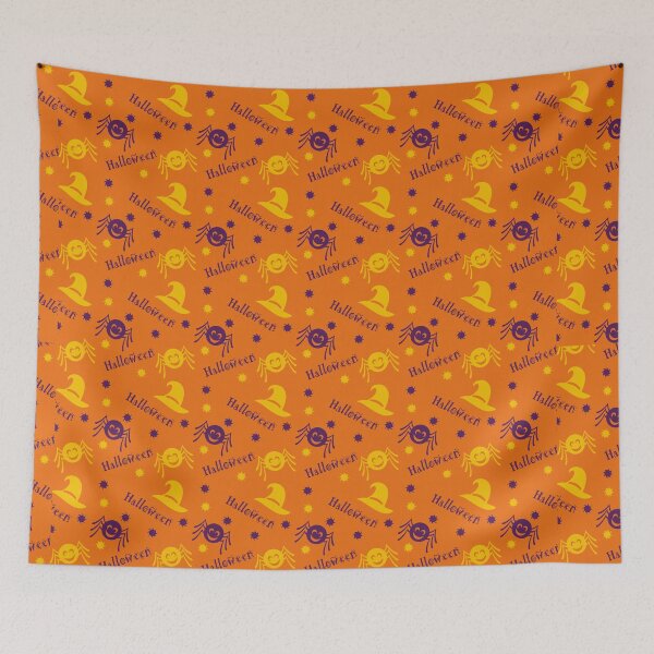 Item preview, Halloween seamless pattern with spider and witch's hat in purple, yellow and orange designed and sold by DoodleBugDigits.