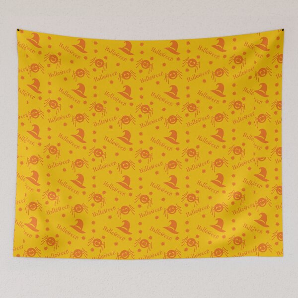 Item preview, Halloween pattern with  witch's hat and spider in yellow and orange designed and sold by DoodleBugDigits.
