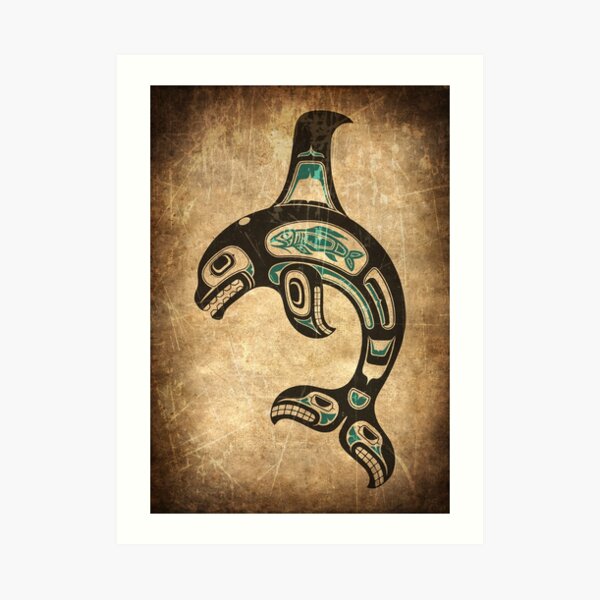 Teal Blue and Black Haida Spirit Killer Whale Art Print