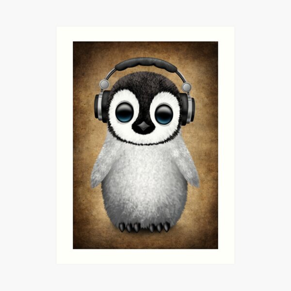 Cute Baby Penguin Dj Wearing Headphones Art Print