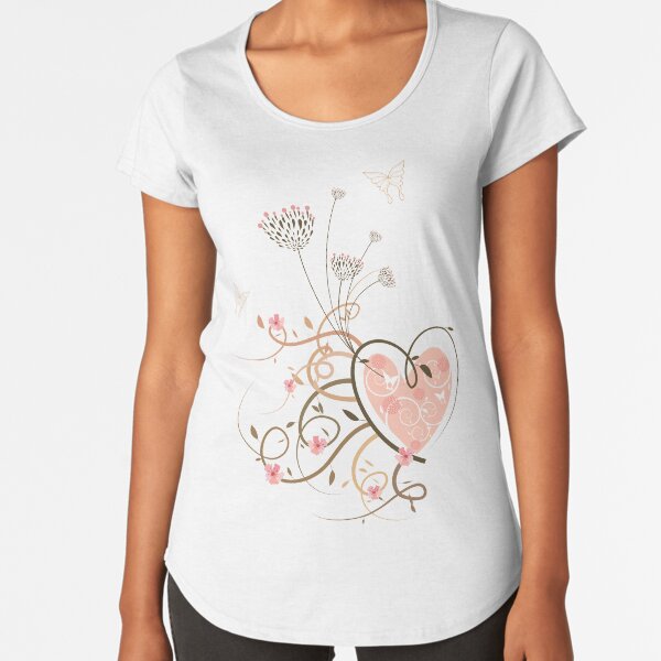Pink Heart, Butterflies and Floral Swirls II Premium Scoop T-Shirt