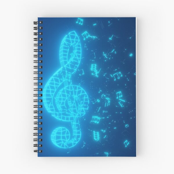 Item preview, Blue digital glowing music treble clef symbol with musical notes on black background - modern or digital streaming music concept designed and sold by UDDesign.