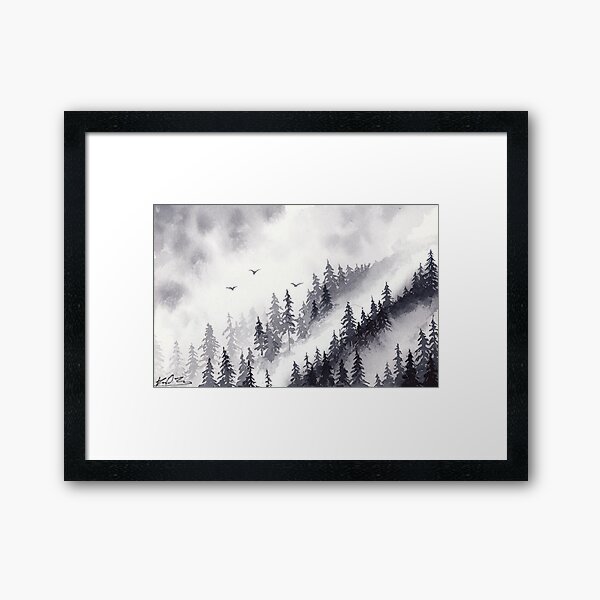 misty winter pine forest covered mountain monochrome watercolor Framed Art Print