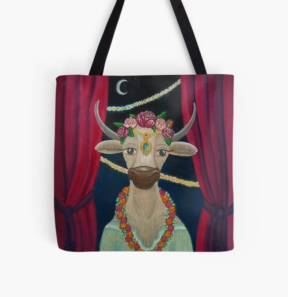 Cow Bride with Aquamarine Gemstone Indian Headpiece All Over Print Tote Bag