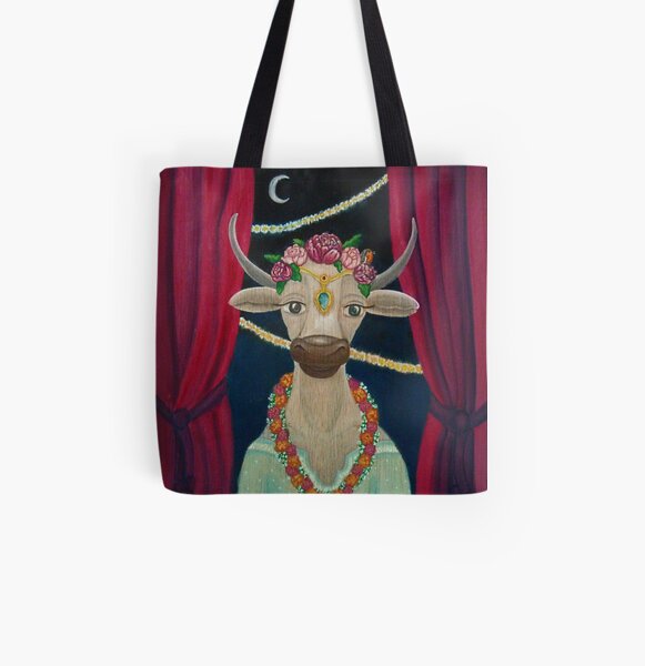 Cow Bride with Aquamarine Gemstone Indian Headpiece All Over Print Tote Bag