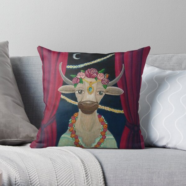 Cow Bride with Aquamarine Gemstone Indian Headpiece Throw Pillow
