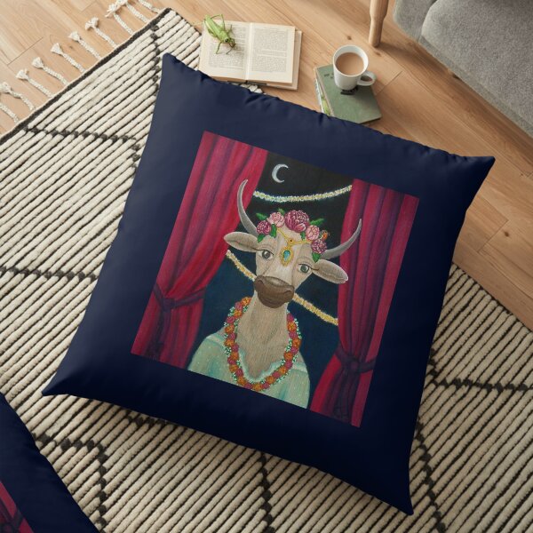 Cow Bride with Aquamarine Gemstone Indian Headpiece Floor Pillow