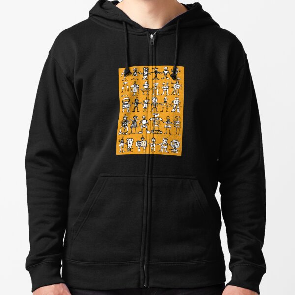 Robots and Aliens in Rows (ochre background) Zipped Hoodie