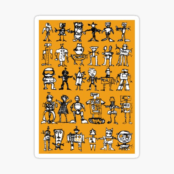 Robots and Aliens in Rows (ochre background) Sticker
