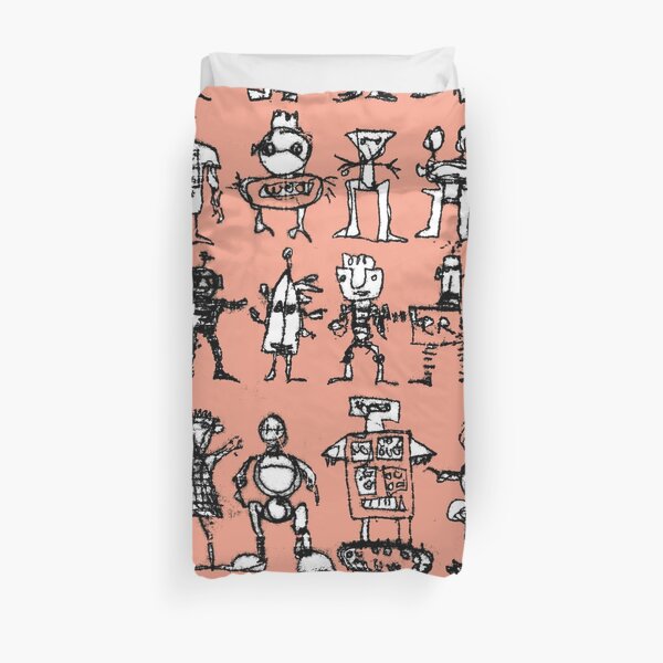 Robots and Aliens in Rows (pink background) Duvet Cover