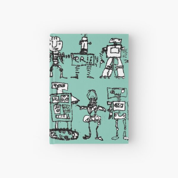 Robots and Aliens in Rows (turquoise background) Hardcover Journal