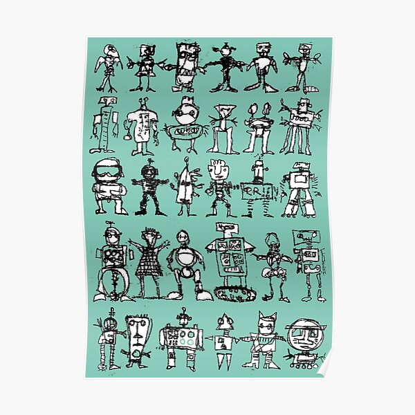 Robots and Aliens in Rows (turquoise background) Poster