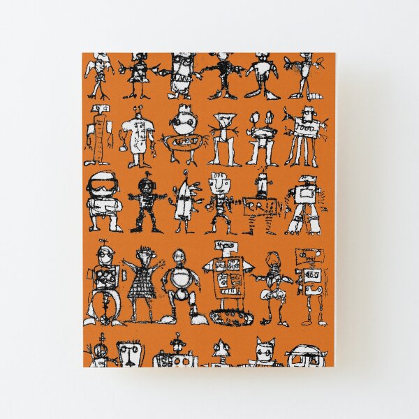 Robots and Aliens in Rows (orange background) Wood Mounted Print