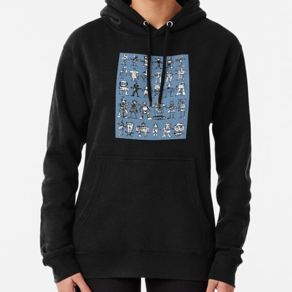 Robots and Aliens in Rows (blue background) Pullover Hoodie