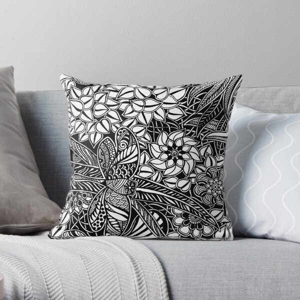 Gardens #9 Black and White Doodle Art Throw Pillow