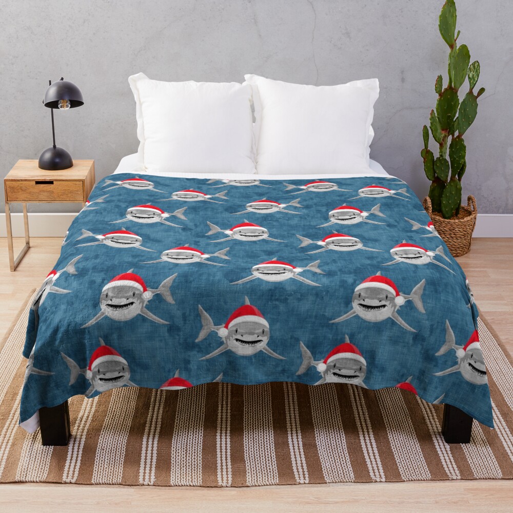 Santa Sharks - blue - Christmas shark Throw Blanket