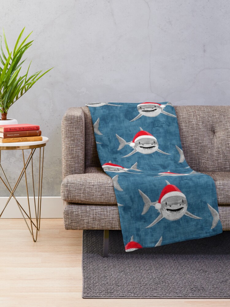 Alternate view of Santa Sharks - blue - Christmas shark Throw Blanket