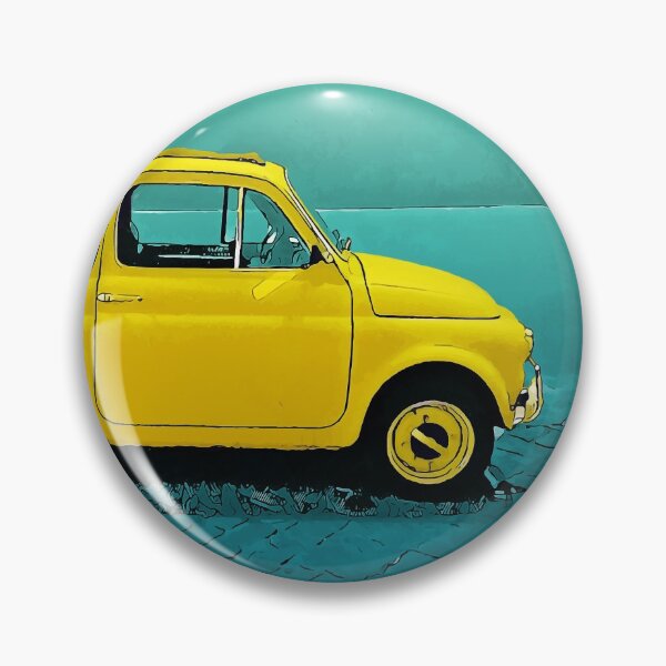 Artikelvorschau, Ein klassischer italienischer Fiat 500 in Gelb und Blau entworfen und verkauft von Retro Futurist.