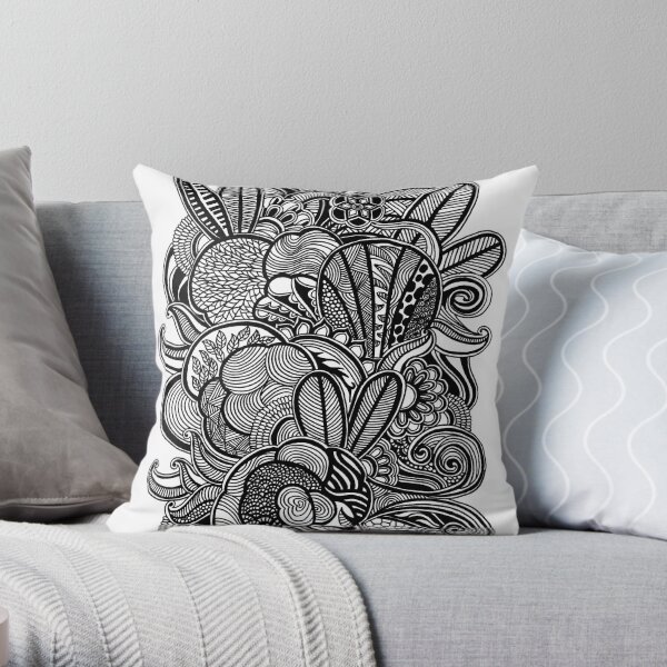Gardens #2 Black and White Doodle Art Throw Pillow
