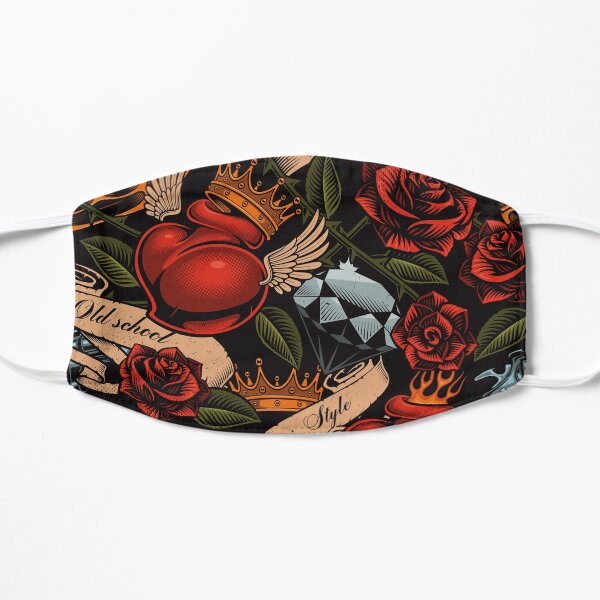 Skull and Roses Old School Tattoo | Interesting, Unique Design | Strength and Protection Flat Mask