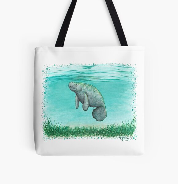 "Mossy Manatee" by Amber Marine ~ Watercolor and ink painting, art © 2016 All Over Print Tote Bag