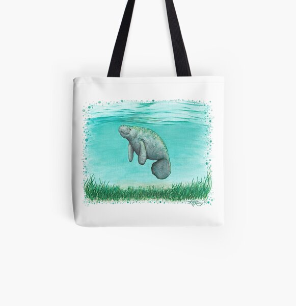 "Mossy Manatee" by Amber Marine ~ Watercolor and ink painting, art © 2016 All Over Print Tote Bag