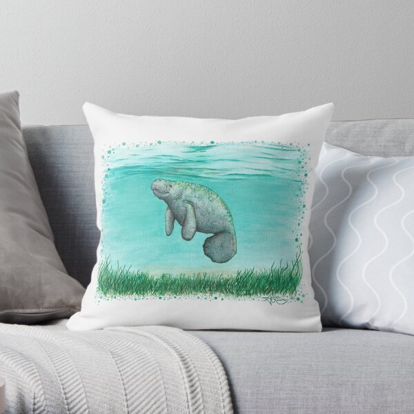 "Mossy Manatee" by Amber Marine ~ Watercolor and ink painting, art © 2016 Throw Pillow