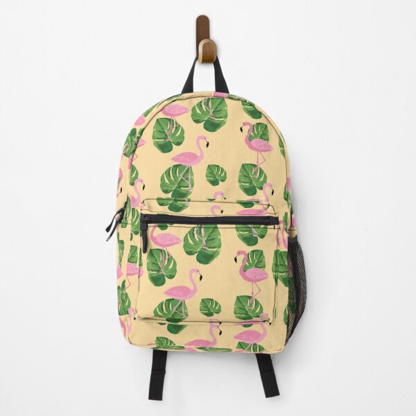 Item preview, pink flamingo summer pattern tropical leaves peachy background designed and sold by UniqueMw.