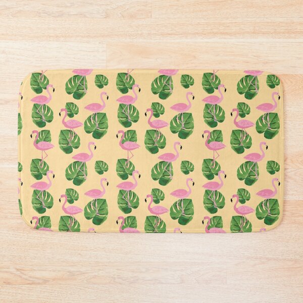 Item preview, pink flamingo summer pattern tropical leaves peachy background designed and sold by UniqueMw.