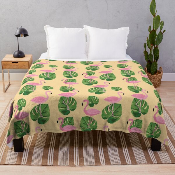 Item preview, pink flamingo summer pattern tropical leaves peachy background designed and sold by UniqueMw.