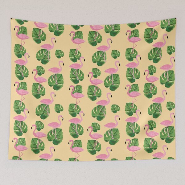 Item preview, pink flamingo summer pattern tropical leaves peachy background designed and sold by UniqueMw.