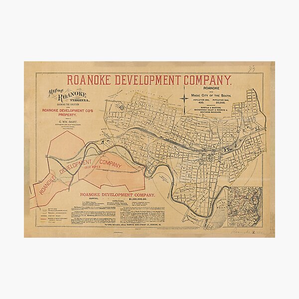 Vintage Map of Roanoke VA (1890) Photographic Print