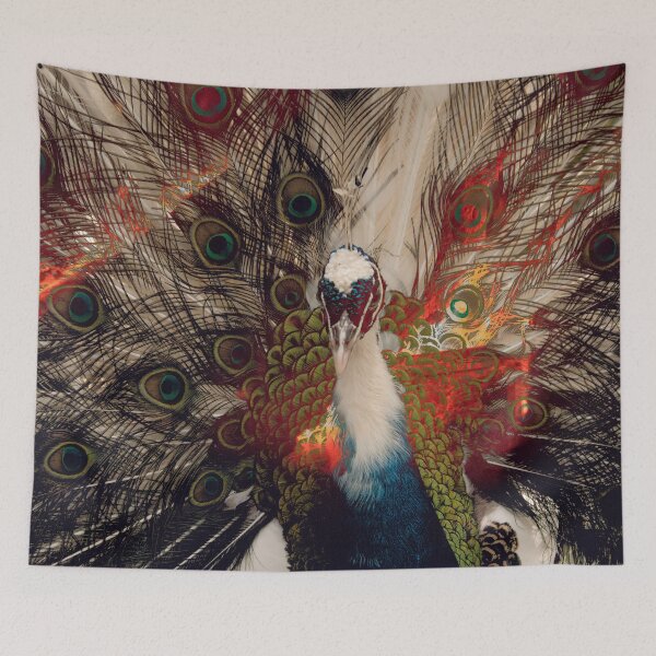 Item preview, Peacock and feathers with fire background  designed and sold by nekodokai1.