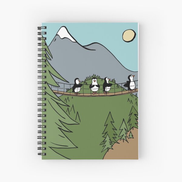 Penguins Crossing a Suspension Bridge in the Woods Spiral Notebook