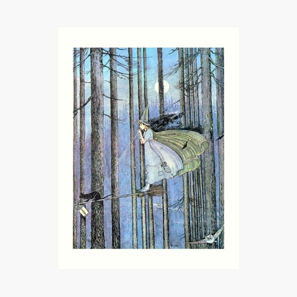 Witch and Cat on Broom - Ida Rentoul Outhwaite Art Print