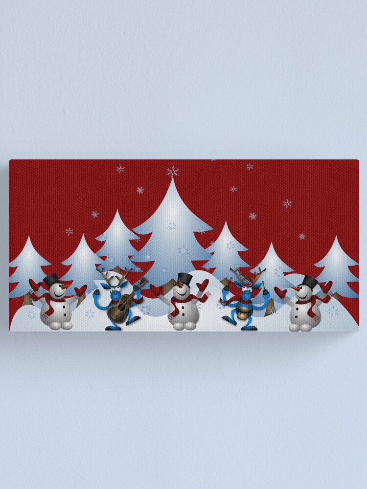 "Snowman And Reindeer Making Music In The Snow" Canvas Print for Sale