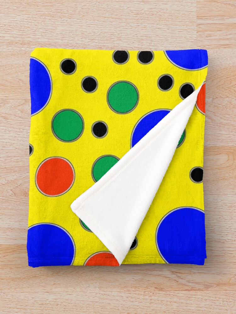 "Dots no.3 Blue Red Green Black with White and Black Outlines on Yellow" Throw Blanket by