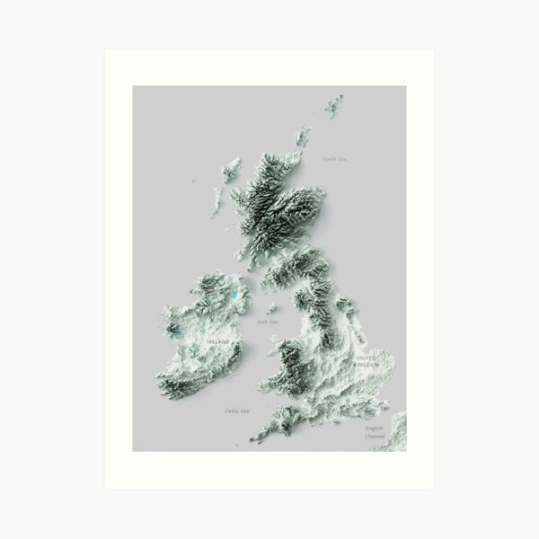 3D Ireland and the United Kingdom map digitally-rendered Art Print