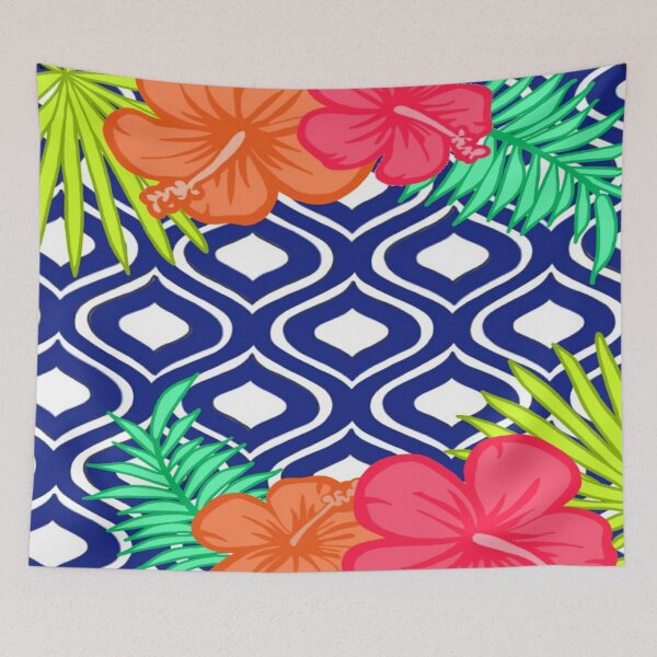 Item preview, tropical flowers with blue pattern designed and sold by MLD112.