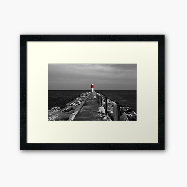 Irondequoit Bay Lighthouse Pier in Black & White with Splash of Red Framed Art Print