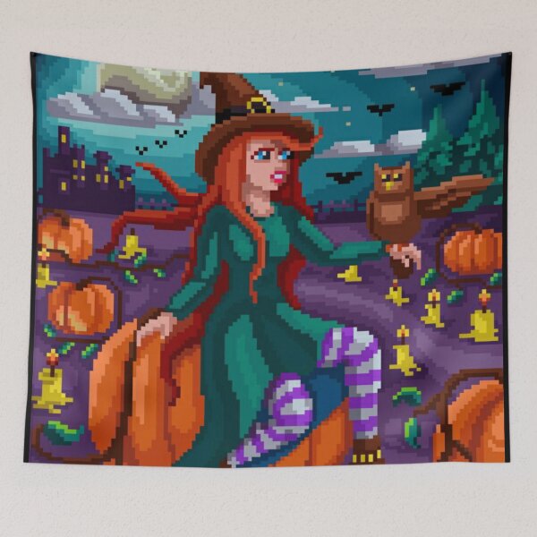 Item preview, Pixelated Witch Girl, Her Owl and Pumpkin Farm designed and sold by HopeDetour.